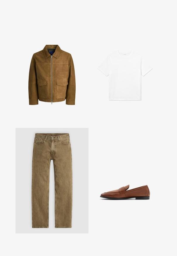 Brun ruskindjakke med krave, lynlåslukning og to flade lommer foran. Glat tekstur med en struktureret pasform.; Hvid bomulds T-shirt med korte ærmer, rund halsudskæring og lige kant. Glat tekstur uden synlige mønstre eller accenter.; Lysebrune denimbukser med lige ben design, fem lomme stil og hardware i kopfarbe. Struktureret stof med synlige sømdetaljer.; Brune læder loafers med en lav silhuet, rund tå og syet detaljering på vampen. Solid sort sål med en glat finish.