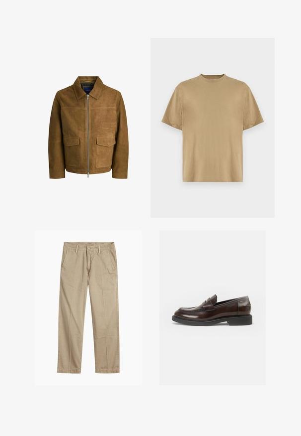 Braune Wildlederjacke mit Kragen, Reißverschluss und zwei flachen Taschen auf der Vorderseite. Glatte Textur mit strukturierter Passform.; Khakifarbenes T-Shirt mit kurzen Ärmeln aus weichem Stoff, mit einem Rundhalsausschnitt und einer lockeren Passform. Keine Muster oder Grafiken sichtbar.; Beige gerade geschnittene Chinos mit Gürtelschlaufen, vorderem Knopf- und Reißverschlussverschluss sowie schrägen Fronttaschen.; Vagabond ALEX - Business-Slipper - chestnut