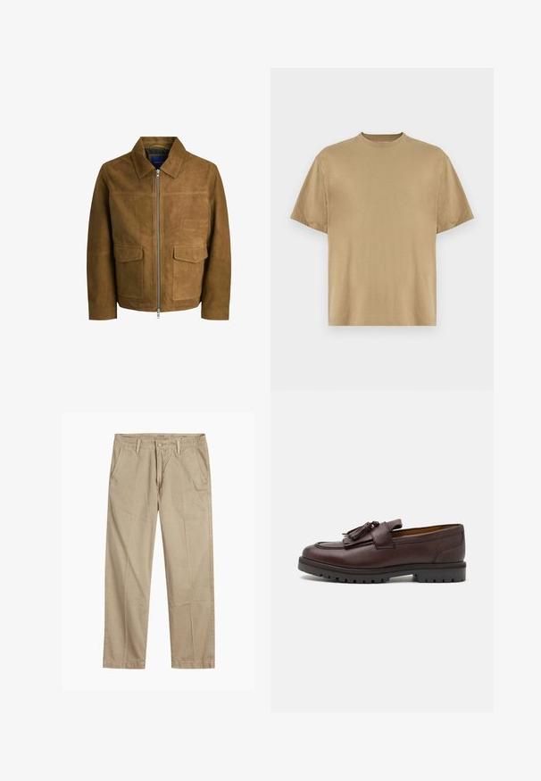Chaqueta de ante marrón con cuello, cierre de cremallera y dos bolsillos planos en la parte delantera. Textura suave con un ajuste estructurado.; Camiseta de manga corta color caqui, confeccionada en tejido suave, con un escote redondo y un corte relajado. No se aprecian patrones ni gráficos.; Chinos beige de pierna recta con trabillas para cinturón, cierre de botón y cremallera en la parte delantera, y bolsillos delanteros inclinados.; Zign Mocasines elegantes - brown