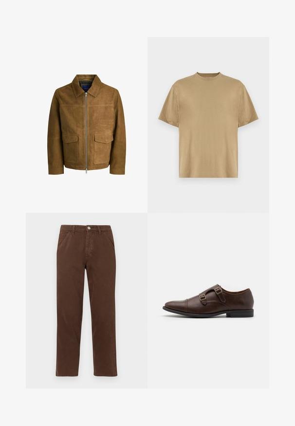 Brown suede jacket featuring a collared neckline, zip closure, and two flat pockets on the front. Smooth texture with a structured fit.; Khaki short-sleeve T-shirt made of soft fabric, featuring a round neckline and a relaxed fit. No patterns or graphics are visible.; Brown cotton trousers with a straight leg, front pockets, and a metallic button closure. Features a smooth texture and minimal design.; Brown leather dress shoe with a pointed toe, featuring two adjustable buckles and a sleek low-profile design. Flat black rubber sole.