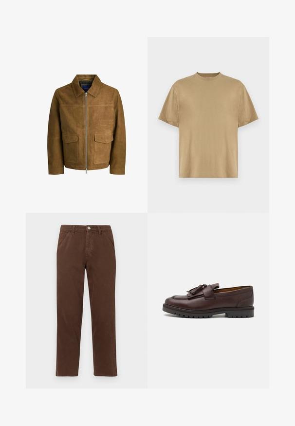 Brązowa skórzana kurtka z kołnierzykiem, z zapięciem na zamek błyskawiczny i dwiema płaskimi kieszeniami z przodu. Gładka tekstura i dopasowany krój.; Khaki koszula T-shirt z krótkim rękawem, wykonana z miękkiego materiału, z okrągłym dekoltem i luźnym fasonem. Brak widocznych wzorów lub grafik.; Brązowe bawełniane spodnie z prostą nogawką, z przednimi kieszeniami i metalowym zapięciem. Charakteryzują się gładką fakturą i minimalistycznym designem.; Zign - Biznesowe loafersy