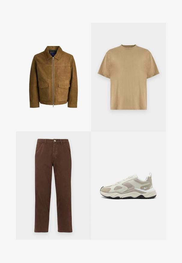 Ruskea mokkajakku, jossa on kauluskäänne, vetoketjukiinnitys ja kaksi litteää taskua etupuolella. Sileä pinta ja ryhdikäs istuvuus.; Khaki lyhythelmainen T-paita, joka on valmistettu pehmeästä kankaasta. Paidassa on pyöreä kaula-aukko ja rento istuvuus. Ei näkyviä kuvioita tai graafisia elementtejä.; Ruske puuvillahousut suoran lahkeen, etutaskujen ja metallinappisuljin kanssa. Ominaisuudet sileä tekstuuri ja minimaalinen muotoilu.; Vaaleanbeige urheilujalkine, jossa on yhdistelmä sileää synteettistä ja verkkomateriaalia, teksturoituja yksityiskohtia sekä paksu valko-musta pohja.