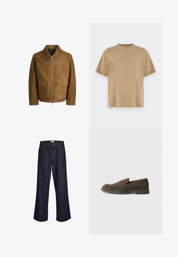 Smeđa zamšna jakna s ovratnikom, zatvaranjem na patentni zatvarač i dva ravna džepa sprijeda. Glatka tekstura s definiranim krojem.; Khaki majica s kratkim rukavima izrađena od mekog materijala, s okruglim izrezom i ležernim krojem. Nema vidljivih uzoraka ni grafika.; Tamno plave široke traperice izrađene od denima, s prednjim patent zatvaračem, pet džepova i kontrastnim šavovima. Krajevi su neobrubljeni.; Smeđi antilop mokasini s округлим nosom, trakom preko gornjeg dela, i ravnim gumiranim đonom. Jednostavan dizajn s čistim linijama i minimalnim detaljima.