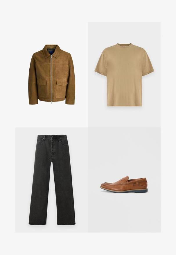 Jachetă din suede maro cu guler, închidere cu fermoar și două buzunare plate în față. Textură netedă cu o croială bine definită.; Tricou kaki cu mânecă scurtă, confecționat dintr-un material moale, având decolteu rotund și o croială lejeră. Fără modele sau grafice vizibile.; Blugi din denim negri, cu talie înaltă, drepți, cu închidere frontală cu buton și fermoar, și design cu cinci buzunare, pe un fundal alb.; Mocasini din piele maro cu vârf rotund, accente cusute și talpă joasă din cauciuc. Designul include o bandă pe partea superioară.