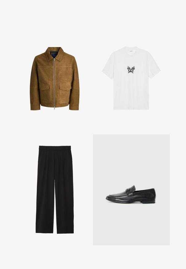 Brun ruskindjakke med krave, lynlåslukning og to flade lommer foran. Glat tekstur med en struktureret pasform.; Hvid bomulds t-shirt med korte ærmer og rund hals. Har et centralt sort flamme-mønsteret sommerfugle grafik. Glat tekstur.; Sorte brede bukser med en plisseret front, sidelommer og en glat stoftekstur. Designet til en afslappet pasform.; Sorte læder loafers med rund tå, syede detaljer, bred rem over vristen og en lav, flad hæl. Glat overflade.