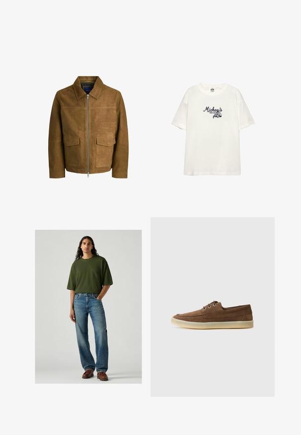 Brązowa skórzana kurtka z kołnierzykiem, z zapięciem na zamek błyskawiczny i dwiema płaskimi kieszeniami z przodu. Gładka tekstura i dopasowany krój.; Biała bawełniana koszulka z krótkim rękawem. Ozdobiona granatowym haftowanym napisem "Mickey's" i grafiką pizzy. Prosty okrągły dekolt.; Zielona koszulka z krótkim rękawem z kieszonką na klatce piersiowej, zestawiona z jasnoniebieskimi dżinsami. Model stoi w brązowych butach na szarym tle.; Brązowe zamszowe buty o niskim profilu, sznurowanym designie, gumowej podeszwie i kontrastowych detalach w szwie. Prosty i funkcjonalny styl.