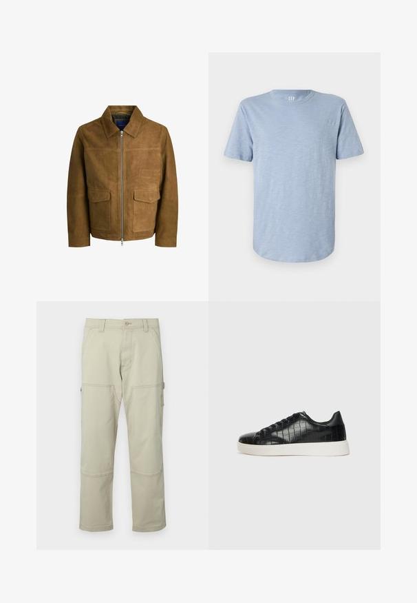 Hnědá semišová bunda s límcem, zipovým uzávěrem a dvěma plochými kapsami vpředu. Hladký povrch s pevným střihem.; Světle modré tričko s krátkým rukávem vyrobené z jemného materiálu, s klasikým výstřihem a rovnými lemy s jemnou strukturou.; Bežové cargo kalhoty vyrobené z bavlny, s několika kapsami, vyztuženými koleny a rovnými nohavicemi. Obsahují zapínání na knoflík a páskové smyčky.; Černé tenisky s texturovaným vrškem z kůže s embosovaným hadím vzorem, kulatou špičkou a kontrastní bílou gumovou podrážkou s hladkým povrchem.
