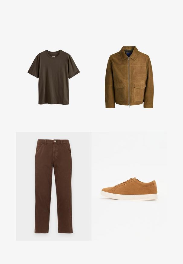 Ruda zomšinė striukė su apykakle, užtrauktuku ir dviem lygiomis kišenėmis priekyje. Lygus paviršius su struktūrizuotu siluetu.; Tamsiai rudos spalvos medvilnės marškinėliai su trumpomis rankovėmis ir apvaliu kaklu. Lygus tekstūra, paprastas dizainas ir be matomų raštų ar akcentų.; Rudos medvilnės kelnės su tiesiomis kojomis, priekinėmis kišenėmis ir metaliniu mygtuko uždarymu. Savybės: sklandus tekstūra ir minimalus dizainas.; Rudos zomšos sportbačiai su žemu dizainu, balta gumine padu ir apvaliu pirštu. Yra atitinkamos raišteliai ir minimalus ženklinimas ant kulno.