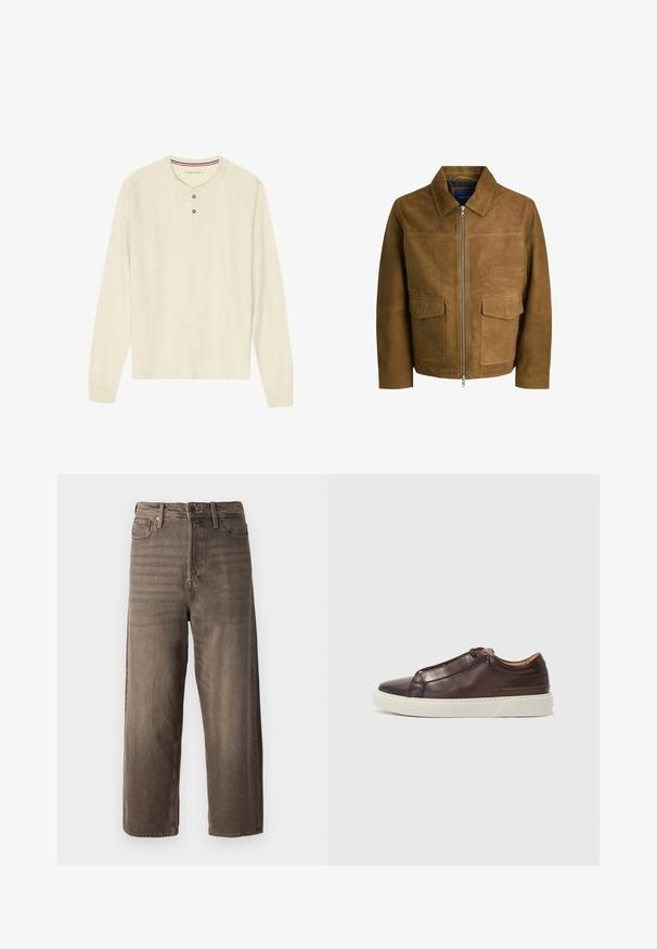 Ruda zomšinė striukė su apykakle, užtrauktuku ir dviem lygiomis kišenėmis priekyje. Lygus paviršius su struktūrizuotu siluetu.; Ilgi rankoviai henley marškiniai iš lengvo kremo spalvos audinio. Yra trijų mygtukų užtrauktukas ir raudonas bei mėlynas juostuotas apykaklė. Raglan tipo rankovės.; Rudos platūs džinsai, pagaminti iš džinsinio audinio. Yra užtrauktukas, diržo kilpos ir penki kišenės. Audinys atrodo išblukęs, su tekstūrine išvaizda.; Rudi odinė sportinė avalynė su apvaliu pirštu, kontrastinga balta guma pada, siūlėtais akcentais ir be matomų raištelių. Bendras paviršius lygus.