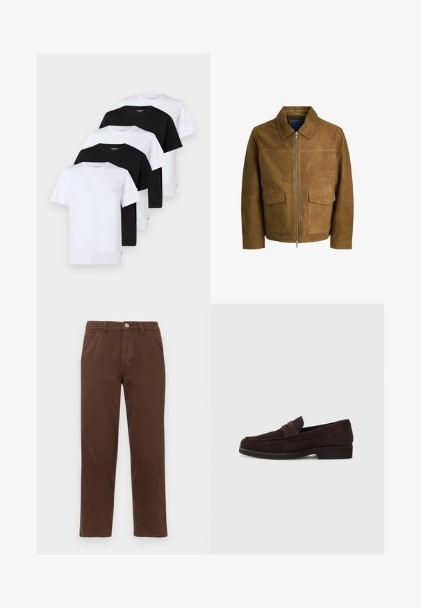 Brun ruskindjakke med krave, lynlåslukning og to flade lommer foran. Glat tekstur med en struktureret pasform.; Fem kortærmede t-shirts vist: to hvide, tre sorte. Hver er lavet af bomuld, med rund halsudskæring og almindelig pasform.; Brune bomuldsbukser med lige ben, forlommer og en metallisk lukning. Har en glat tekstur og et minimalistisk design.; Brune ruskinds loafers med lav profil og rund tå. Har en dekorativ rem over det øverste, flad gummisål og ingen synlig syning.