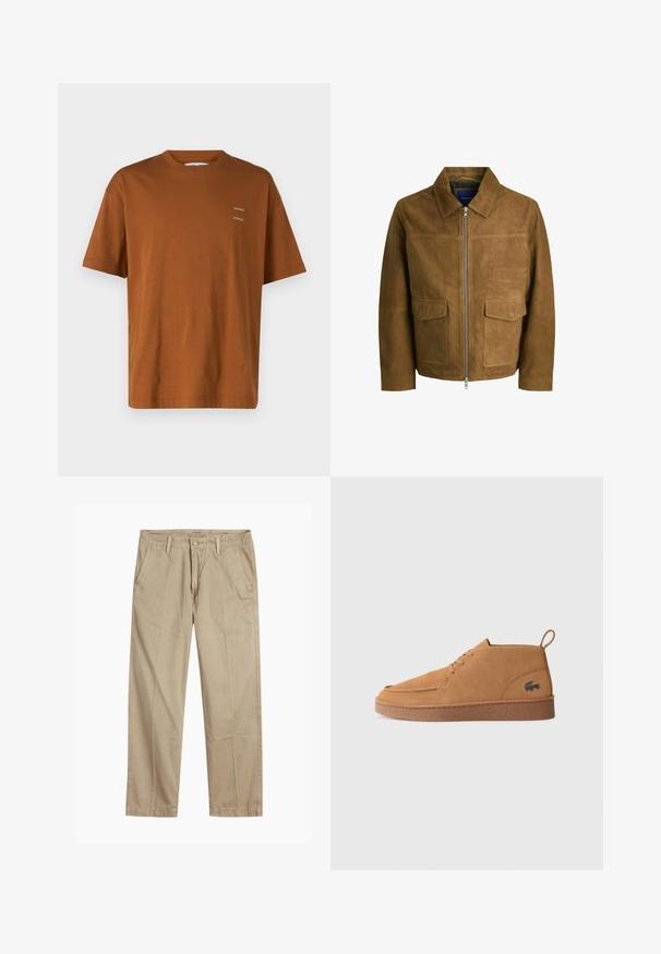 Barna velúr zakó, galléros nyakkivágással, cipzáras záródással és két lapos zsebbel elöl. Sima textúra, strukturált fazon.; Barna pamut póló laza szabással, kerek nyakkal és rövid ujjal. Elöl kis fehér nyomtatott szöveg található.; Beige egyenes szárú chino nadrág övhurkokkal, elülső gombos és cipzáras záródással, valamint ferde elülső zsebekkel.; Barna velúr fűzős bokacipő, gumi talppal és húzófüllel, az oldalán jellegzetes krokodil logóval.