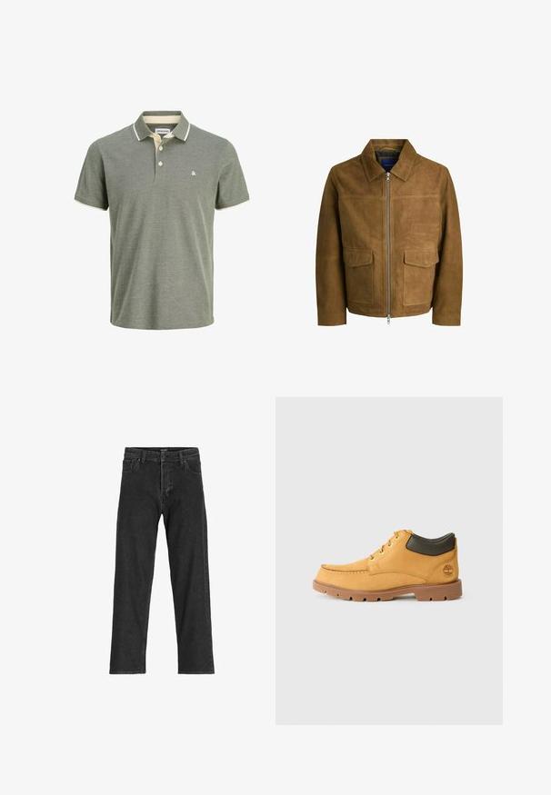 Smeđa zamšna jakna s ovratnikom, zatvaranjem na patentni zatvarač i dva ravna džepa sprijeda. Glatka tekstura s definiranim krojem.; Zelena polo majica s teksturiranim materijalom, s ovratnikom u krem boji, dvostrukim gumbima i malim logotipom na prsima.; Crne traperice s ravnim krojem, s patentnim zatvaračem, petljama za pojas i šest džepova, izrađene od čvrste mješavine pamuka.; Žute kožne cipele s smešnim gumenim potplatom, okruglim vrhom i zelenim kožnim detaljem oko gležnja. Imaju zlatne rupice za vezivanje i ukrasne šavove.