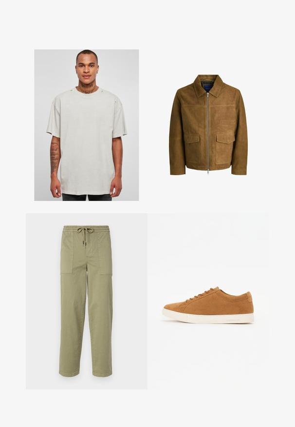 Hnědá semišová bunda s límcem, zipovým uzávěrem a dvěma plochými kapsami vpředu. Hladký povrch s pevným střihem.; Světle šedé oversized tričko s kulatým výstřihem a surovými okraji. Obsahuje efekt opotřebení na ramenou a krátkých rukávech.; Pantalony světle olivové barvy vyrobené z bavlněné směsi, s elastickým pasem na šnůrku a dvěma velkými bočními kapsami.; Hnědé semišové tenisky s nízkým designem, bílé gumové podrážky a kulatou špičkou. Mají odpovídající tkaničky a minimální branding na patě.