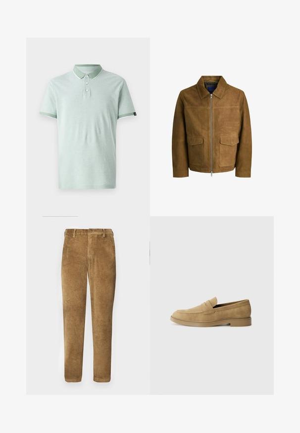 Rjava semiš jakna z ovratnikom, zadrgo in dvema ravnima žeparjema spredaj. Gladka tekstura z urejenim krojem.; Svetlo zelena polo majica iz mehkega materiala, s klasičnim ovratnikom, tremi gumbi in belimi detajli na ovratniku in rokavih.; Rjave žametne hlače z vertikalno rebrasto teksturo, ravno krojene, s buttonsko zapiranje in zankami za pas. Gladka tkanina zmehkimi zaključki.; Svetlo rjavi nubuk loaferji z zaobljenim nosom, nizko blok peto in šivanim detajlom na zgornjem delu. Gladka tekstura in minimalističen dizajn.