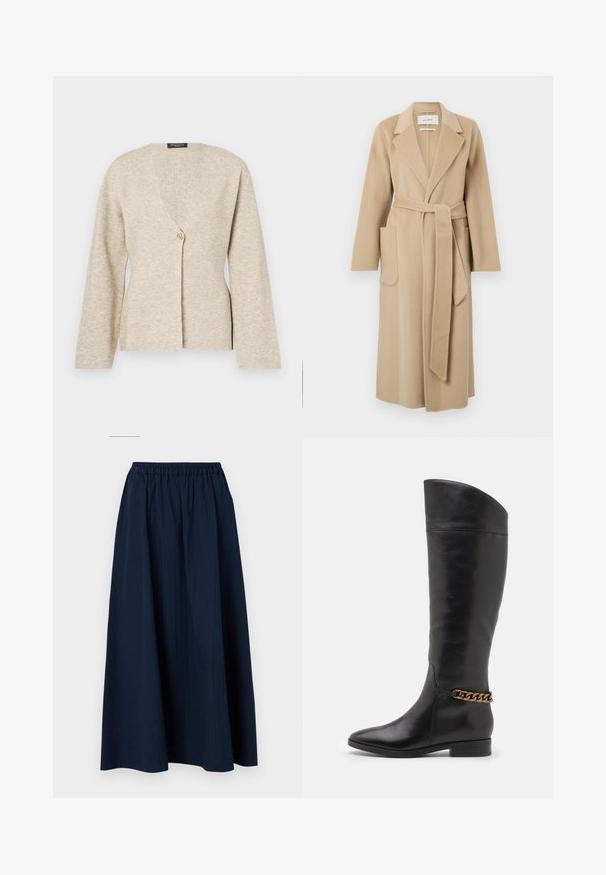 Long beige wool coat with wide lapels, two front pockets, and a matching belt tied at the waist.; Beige cardigan made of soft knit fabric, featuring a V-neck, long sleeves, and a single gold button closure at the front.; Sleeveless turtleneck top with vertical black and white stripes, made of a textured knit fabric, featuring a high, snug collar.; Navy blue, full-length skirt made from textured fabric with an elastic waistband and subtle vertical stripes.; Tall black leather boots with a sleek design, pointed toe, and a gold chain accent at the ankle. Low block heel. Smooth texture.