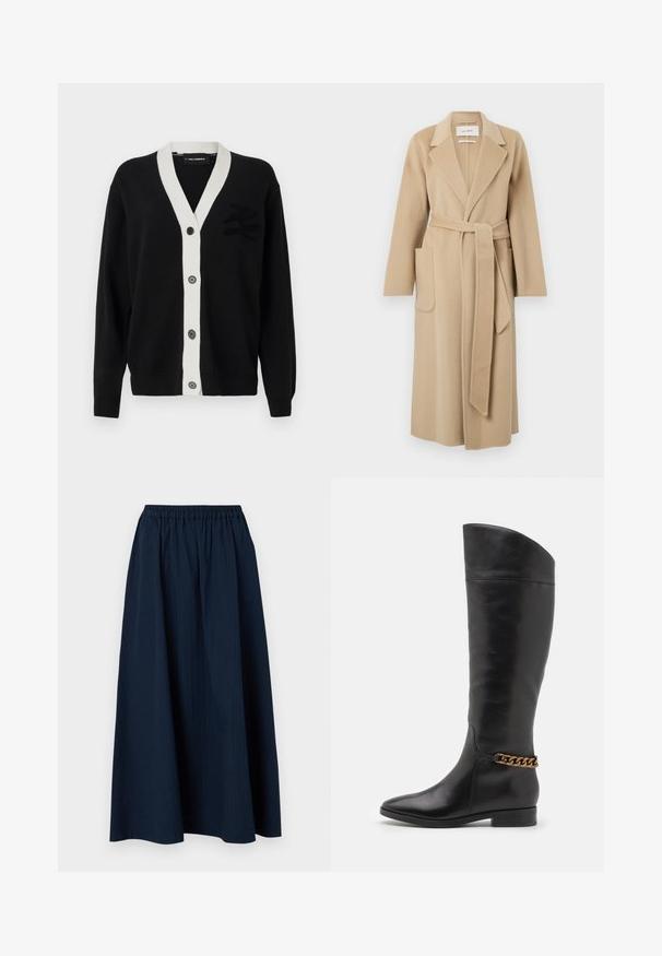 Dlouhý béžový vlněný kabát s širokými klopami, dvěma předními kapsami a odpovídajícím páskem uvázaným v pase.; Černý cardigan s bílým V-výstřihem a pěti předními knoflíky. Na levé straně se nachází texturované logo. Vyrobeno z měkkého materiálu.; Top bez rukávů s vysokým, těsným rolákem a vertikálními černobílými pruhy, vyrobený z texturované pleteniny.; Námořnická modrá, dlouhá sukně vyrobená z texturované látky s elastickým pasem a jemnými vertikálními pruhy.; Vysoké černé kožené boty s elegantním designem, špičatou špičkou a zlatým řetízkem na kotníku. Nízký blokový podpatek. Hladká textura.