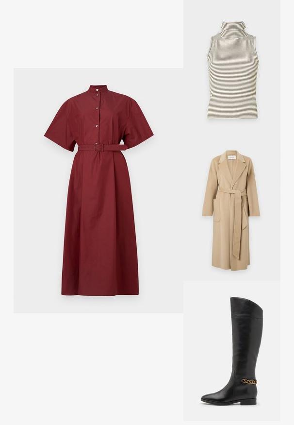 Lang beige uldfrakke med brede klapper, to forlommer og et matchende bælte der er bundet om taljen.; Mørkerød bomuldsweardress med korte ærmer, høj krave, knaplukning foran og et matchende bælte i taljen, der har en lige silhuet.; Ærmeløs turtleneck-top med lodrette sorte og hvide striber, lavet af en struktureret strikket stof, med en høj, tætsiddende krave.; Høje sorte læderstøvler med et slankt design, spids tå og en guld kædeaccent ved anklen. Lav blokhæl. Glat overflade.