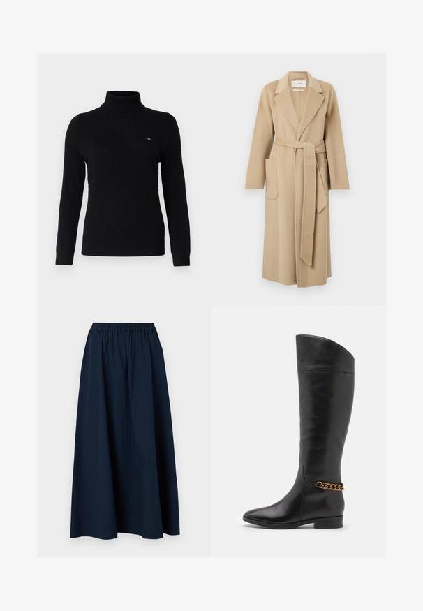 Dugi bež vuneni kaput s širokim reverima, dva prednja džepa i pojasom koji je zavezan u struku.; Crna rolka, dugi rukavi, uski kroj, izrađena od mekog materijala, s diskretnim logotipom na lijevoj strani prsnog dijela.; Tamno plavi, dugii' suknja izrađena od teksturiranog materijala s elastičnom pojasom i suptilnim vertikalnim prugama.; Visoke crne kožne čizme s elegantnim dizajnom, šiljastim vrhom i zlatnim lančićem oko gležnja. Nizak blok potpetica. Glatka tekstura.