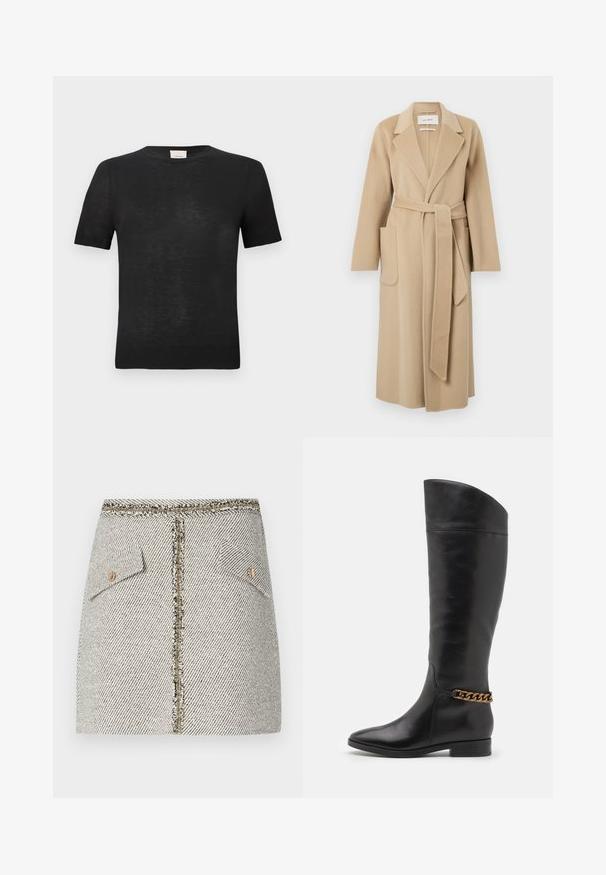 Palton lung bej din lână, cu rever larg, două buzunare frontale și o curea asortată legată în talie.; Tricou negru cu mânecă scurtă, confecționat dintr-un material ușor și texturat. Guler rotund cu un finisaj subtil cu nervuri la mâneci și la tiv.; Fustă din tweed țesută, albă cu motive piersici în alb și negru, are două buzunare frontale și un fermoar aurit la spate cu margini desfăcute.; Cizme negre din piele înalte, cu un design elegant, vârf ascuțit și un accent de lanț auriu la gleznă. Toc mic în formă de bloc. Textură netedă.