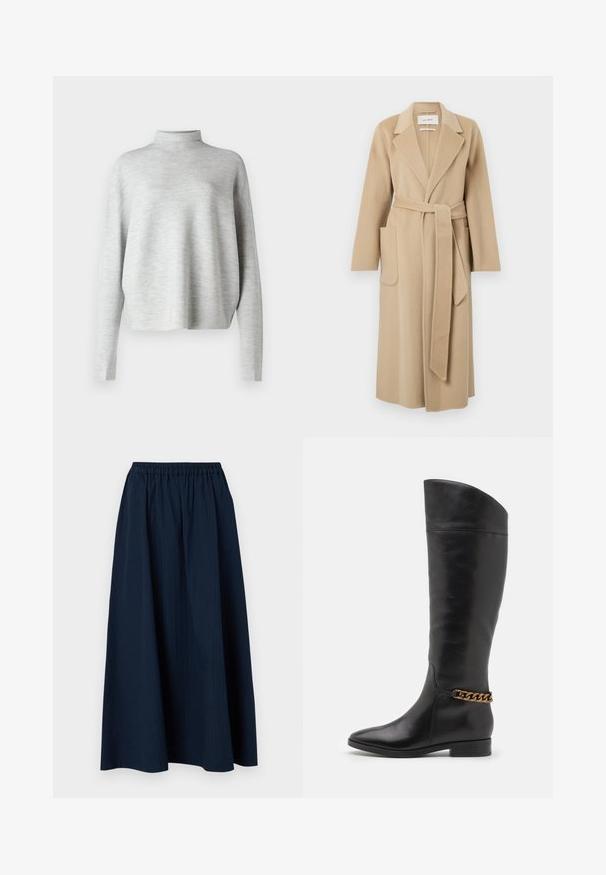 Cappotto lungo in lana beige con ampi revers, due tasche frontali e una cintura coordinata legata in vita.; Maglione a dolcevita grigio chiaro, realizzato in tessuto morbido, con maniche lunghe e una vestibilità rilassata, caratterizzato da una texture liscia e fine.; Gonna lunga di colore blu navy realizzata in tessuto testurizzato con vita elastica e sottili righe verticali.; Alti stivali in pelle nera dal design elegante, punta affusolata e dettagli in catena dorata alla caviglia. Tacco a blocco basso. Texture liscia.