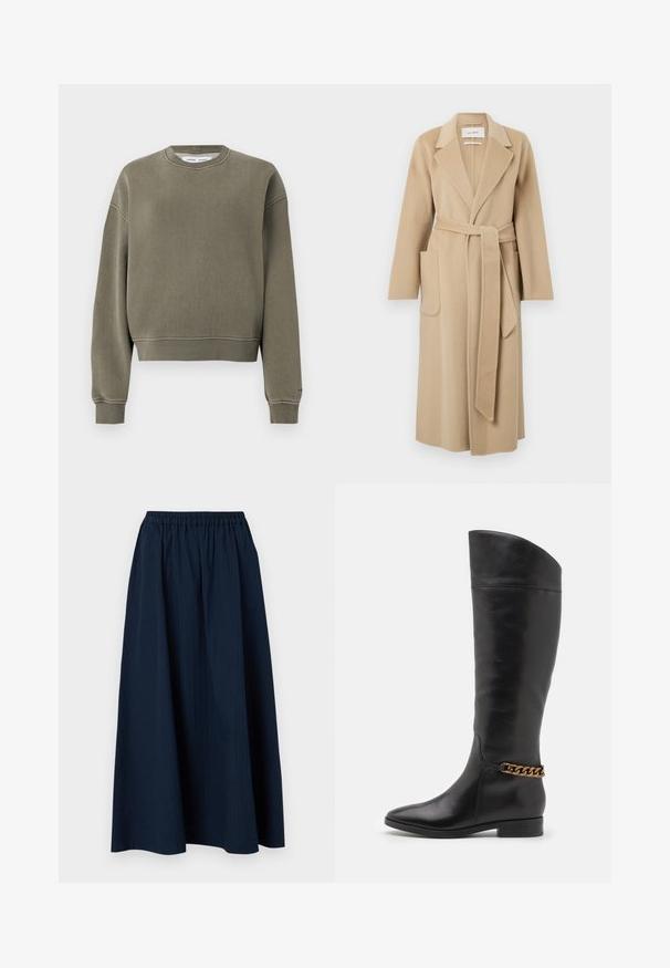Long beige wool coat with wide lapels, two front pockets, and a matching belt tied at the waist.; Olive green cropped sweatshirt made of soft fabric, featuring a round neck, long sleeves, and ribbed cuffs at the hem and sleeves.; Navy blue, full-length skirt made from textured fabric with an elastic waistband and subtle vertical stripes.; Tall black leather boots with a sleek design, pointed toe, and a gold chain accent at the ankle. Low block heel. Smooth texture.