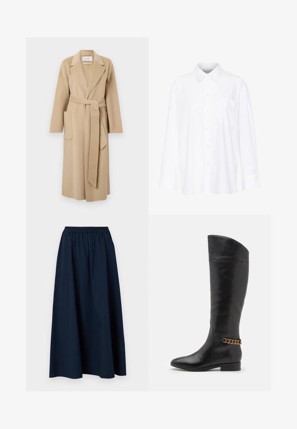 Ilgas kreminės vilnos paltas su plačiais atlapais, dviem priekinėmis kišenėmis ir derančiu diržu, surištu ties juosmeniu.; Balta ilgomis rankovėmis marškiniai su apykakle, pagaminti iš medvilnės. Su mygtukų užsegimu priekyje ir viena krūtinės kišenė. Lygus paviršius, laisvas siluetas.; Tamsiai mėlyna, ilga sijonas pagamintas iš tekstūruoto audinio su elastinga juosmens juosta ir subtiliomis vertikaliomis juostelėmis.; Aukšti juodi odiniai batai su liekna forma, smailiu smaigaliu ir aukso grandinėlės akcentu ties kulkšnimi. Žemas bloko kulnas. Lygi tekstūra.