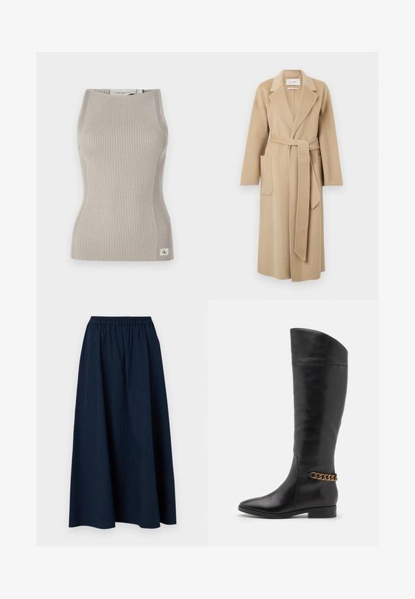 Long beige wool coat with wide lapels, two front pockets, and a matching belt tied at the waist.; Ribbed tank top in a light beige color, medium-weight fabric, high neckline, fitted design, with a small logo tag at the hem.; Navy blue, full-length skirt made from textured fabric with an elastic waistband and subtle vertical stripes.; Tall black leather boots with a sleek design, pointed toe, and a gold chain accent at the ankle. Low block heel. Smooth texture.