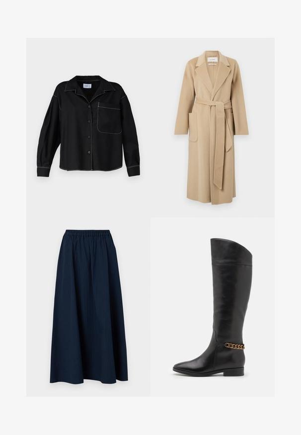 Cappotto lungo in lana beige con ampi revers, due tasche frontali e una cintura coordinata legata in vita.; Camicia nera con colletto, maniche lunghe e taschino. Cuciture bianche a contrasto lungo le cuciture. Tessuto dalla consistenza liscia.; Gonna lunga di colore blu navy realizzata in tessuto testurizzato con vita elastica e sottili righe verticali.; Alti stivali in pelle nera dal design elegante, punta affusolata e dettagli in catena dorata alla caviglia. Tacco a blocco basso. Texture liscia.