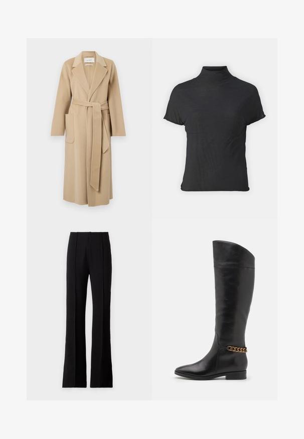 Pitkä beige villakangas takki, jossa on leveät kaulukset, kaksi etutaskua ja matching vyö solmittuna vyötärölle.; Musta lyhythihainen turtleneck-paita, joka on valmistettu kevyestä kankaasta, jossa on sileä rakenne ja tiukka muotoilu, ja siinä on korkea kaulus.; Mustat leveälahkeiset housut, jotka on valmistettu sileästä kankaasta. Vaatteissa on etupuolella laskokset, korkea vyötärö ja räätälöity muotoilu, joka tuo esiin siistin siluetin.; Pitkiä mustista nahkasaappaista, joissa on tyylikäs muotoilu, terävä kärki ja kultaketjuakseli nilkassa. Matala lohko korko. Sujuva pinta.