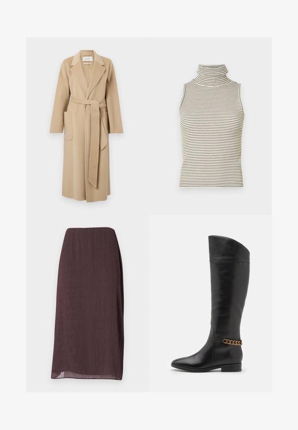Dlouhý béžový vlněný kabát s širokými klopami, dvěma předními kapsami a odpovídajícím páskem uvázaným v pase.; Top bez rukávů s vysokým, těsným rolákem a vertikálními černobílými pruhy, vyrobený z texturované pleteniny.; Tmavě hnědá sukně ke kolenům vyrobená z lehké, mačkané látky. Má přímý střih s jemným leskem a bez viditelného kovového doplňku.; Vysoké černé kožené boty s elegantním designem, špičatou špičkou a zlatým řetízkem na kotníku. Nízký blokový podpatek. Hladká textura.
