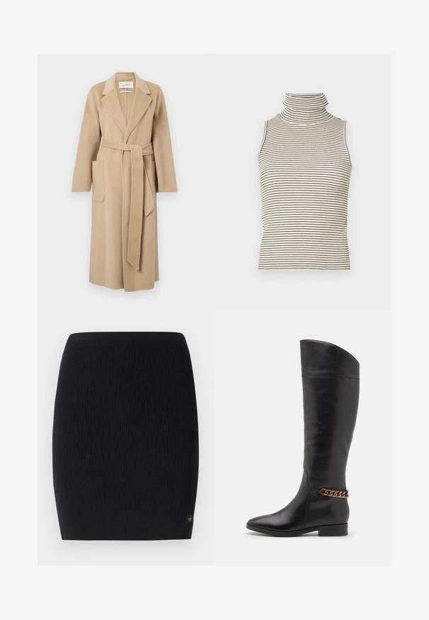 Hosszú bézs gyapjú kabát széles hajtókákkal, két elülső zsebbel és derékban megkötött, hozzáillő övvel.; Ujjatlan garbó felső, függőleges fekete és fehér csíkokkal, texturált kötött anyagból készült, magas, szoros gallérral.; Fekete bordázott kötött szoknya karcsú szabással, zökkenőmentes derékpánttal és egy kis márkás címkével az alsó jobb sarokban.; Magas fekete bőrcsizma áramvonalas dizájnnal, hegyes orral és arany lánc díszítéssel a bokán. Alacsony, tömbsarkú. Sima felület.