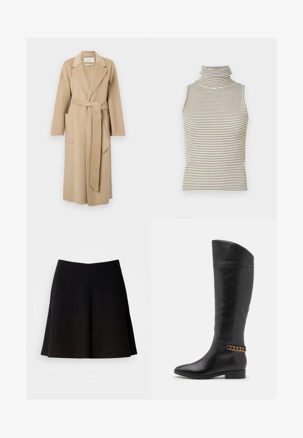 Dlhý béžový vlnený kabát so širokými chlopňami, dvoma prednými vreckami a zodpovedajúcim opaskom viazaným v páse.; Halenka bez rukávov s vysokým golierom a vertikálnymi čierno-bielymi pruhmi, vyrobená z textúrovanej pleteniny.; Čierna rozšírená sukňa vyrobená z mäkkej tkaniny, s priliehavým pásom a detailmi švov. Hladká textúra s jednoduchým, klasickým dizajnom.; Vysoké čierne kožené čižmy so štíhlym dizajnom, špicatou špičkou a zlatým reťazovým akcentom na členku. Nízky blokový podpätok. Hladká textúra.