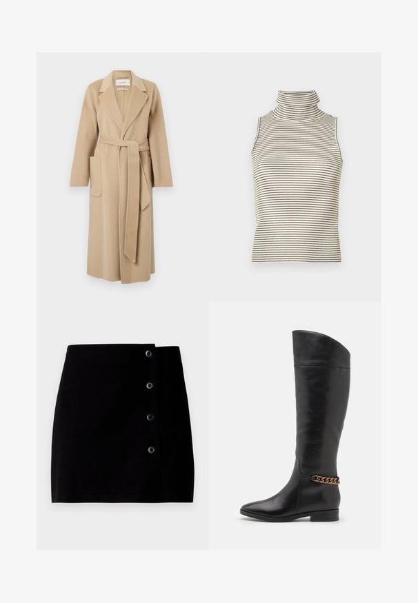 Garš beige vilnas mēteli ar plašiem atloki, divām priekšējām kabatām un atbilstošu jostu, kas sasieta ap vidukli.; Bez piedurknēm, augsta izgriezuma topiņš ar vertikālām melnbaltām svītrām, izgatavots no teksturēta adīta auduma, ar augstu, pieguļošu apkakli.; Melnā mini svārku izgatavoti no kokvilnas, ar sānu pogu aizdari, kas sastāv no četrām melnām pogām un taisnu siluetu. Gluda tekstūra.; Augstas melnas ādas zābaki ar plūstošu dizainu, pointētām purngalēm un zelta ķēdes akcentu ap potīti. Zems bloku papēdis. Gluda tekstūra.