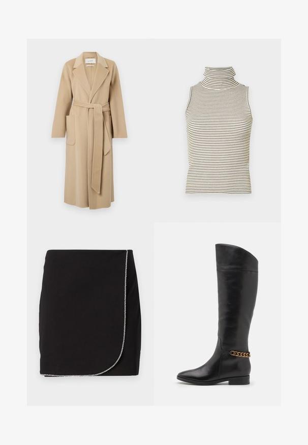 Pitkä beige villakangas takki, jossa on leveät kaulukset, kaksi etutaskua ja matching vyö solmittuna vyötärölle.; Hihaton poolopaita, jossa on pystysuorat mustat ja valkoiset raidat, valmistettu teksturoidusta neulekankaasta, ja siinä on korkea, tiukka kaulus.; Mustat minihameet, jotka on valmistettu sileästä kankaasta ja joissa on ketjutehoste helmassa. Hameessa on kietaisumalli ja siistit linjat.; Pitkiä mustista nahkasaappaista, joissa on tyylikäs muotoilu, terävä kärki ja kultaketjuakseli nilkassa. Matala lohko korko. Sujuva pinta.