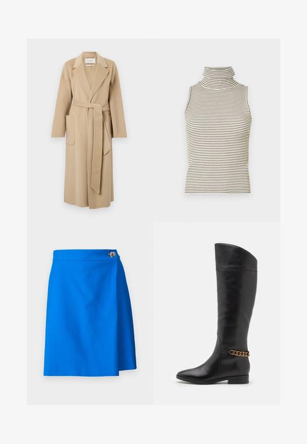 Hosszú bézs gyapjú kabát széles hajtókákkal, két elülső zsebbel és derékban megkötött, hozzáillő övvel.; Ujjatlan garbó felső, függőleges fekete és fehér csíkokkal, texturált kötött anyagból készült, magas, szoros gallérral.; Kék, sima textúrájú, A-vonalú rövid szoknya, az övrészén ezüst gomb díszítéssel, amely testhezálló megjelenést kölcsönöz.; Magas fekete bőrcsizma áramvonalas dizájnnal, hegyes orral és arany lánc díszítéssel a bokán. Alacsony, tömbsarkú. Sima felület.