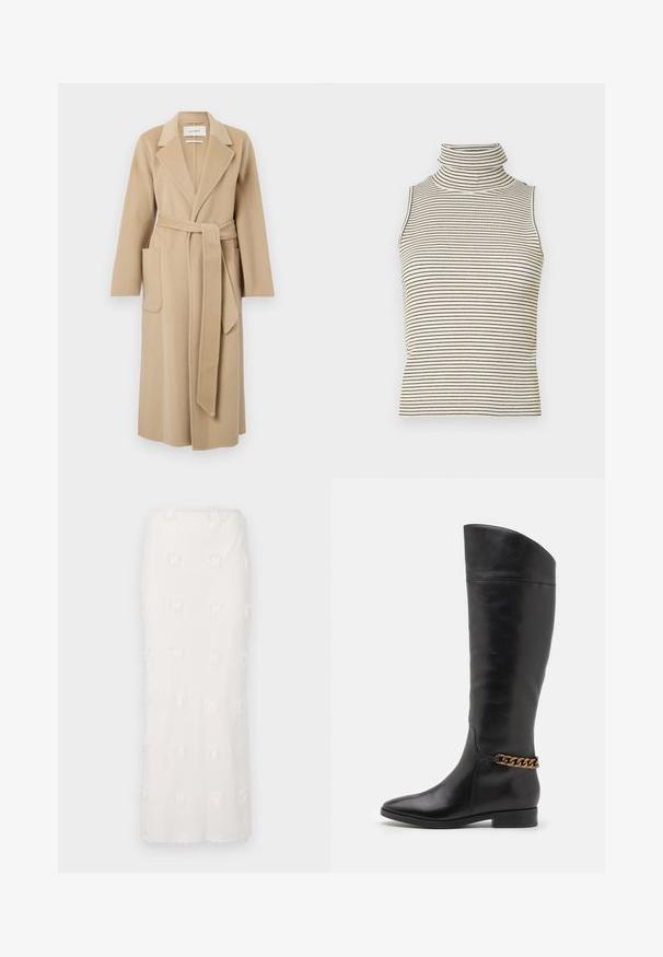 Long manteau en laine beige avec des revers larges, deux poches avant et une ceinture assortie nouée à la taille.; Débardeur col roulé sans manches avec des rayures verticales noires et blanches, fabriqué en tissu tricoté texturé, présentant un col haut et ajusté.; Jupe blanche mi-longue en tissu texturé, présentant un motif brodé avec des franges subtiles. Coupe droite et taille sans couture.; Bottes en cuir noir hautes au design épuré, avec un bout pointu et un accent en chaîne dorée à la cheville. Talon bas en bloc. Texture lisse.