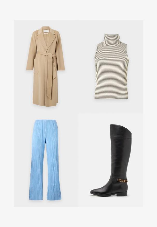 Palton lung bej din lână, cu rever larg, două buzunare frontale și o curea asortată legată în talie.; Top fără mâneci, cu guler înalt și strâns, realizat dintr-un material tricotat texturat, având dungi verticale negre și albe.; Pantaloni plisati de culoare albastru deschis, cu un design cu picioare larghi, avand dungi verticale si o talie elasticizata pentru confort. Material fin si usor.; Cizme negre din piele înalte, cu un design elegant, vârf ascuțit și un accent de lanț auriu la gleznă. Toc mic în formă de bloc. Textură netedă.