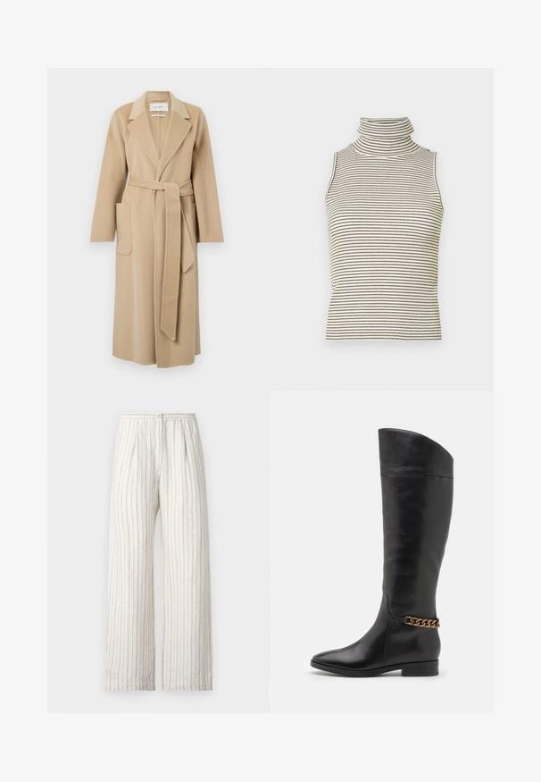 Palton lung bej din lână, cu rever larg, două buzunare frontale și o curea asortată legată în talie.; Top fără mâneci, cu guler înalt și strâns, realizat dintr-un material tricotat texturat, având dungi verticale negre și albe.; Samsøe Samsøe SATOVE TROUSERS - Pantaloni - egret; Cizme negre din piele înalte, cu un design elegant, vârf ascuțit și un accent de lanț auriu la gleznă. Toc mic în formă de bloc. Textură netedă.