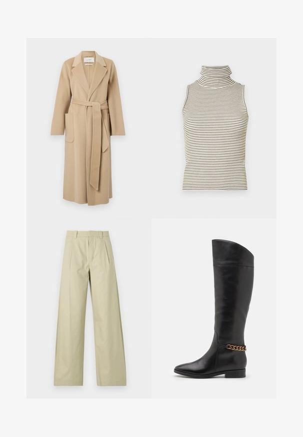 Palton lung bej din lână, cu rever larg, două buzunare frontale și o curea asortată legată în talie.; Top fără mâneci, cu guler înalt și strâns, realizat dintr-un material tricotat texturat, având dungi verticale negre și albe.; Pantaloni largi din bumbac bej deschis, cu un front plat decorat cu pliuri, bucle pentru curea și tivuri manșetate. Textură netedă și design casual.; Cizme negre din piele înalte, cu un design elegant, vârf ascuțit și un accent de lanț auriu la gleznă. Toc mic în formă de bloc. Textură netedă.
