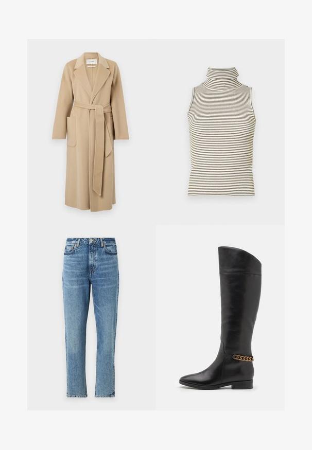 Ilgas kreminės vilnos paltas su plačiais atlapais, dviem priekinėmis kišenėmis ir derančiu diržu, surištu ties juosmeniu.; Bele gydimo viršus be rankovių su vertikaliomis juodai baltomis juostomis, pagamintas iš tekstūruoto mezgimo audinio, turintis aukštą, prigludusią apykaklę.; Šviesiai mėlynos džinsinės kelnes su aukštu liemeniu, tiesiomis kojomis ir išblukusia tekstūra. Pafektyvuotos sidabriniais aksesuarais ir kontrastingomis siūlėmis.; Aukšti juodi odiniai batai su liekna forma, smailiu smaigaliu ir aukso grandinėlės akcentu ties kulkšnimi. Žemas bloko kulnas. Lygi tekstūra.