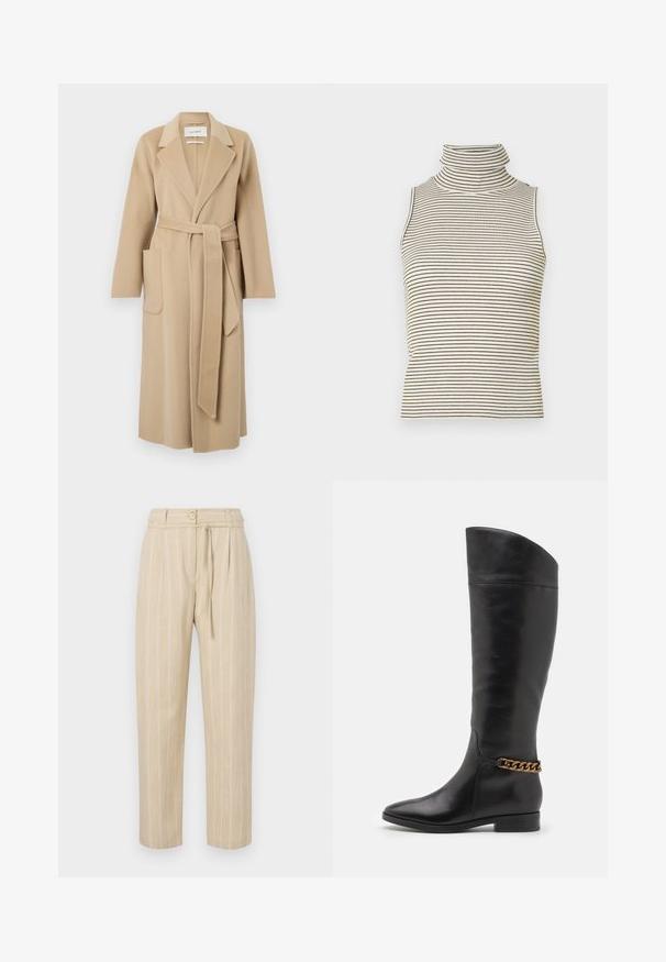 Dlhý béžový vlnený kabát so širokými chlopňami, dvoma prednými vreckami a zodpovedajúcim opaskom viazaným v páse.; Halenka bez rukávov s vysokým golierom a vertikálnymi čierno-bielymi pruhmi, vyrobená z textúrovanej pleteniny.; Béžové prúžkované nohavice s voľným strihom, s úzkym pásom, zapínaním na gombík a viazacím pásom, vyrobené z ľahkého materiálu.; Vysoké čierne kožené čižmy so štíhlym dizajnom, špicatou špičkou a zlatým reťazovým akcentom na členku. Nízky blokový podpätok. Hladká textúra.