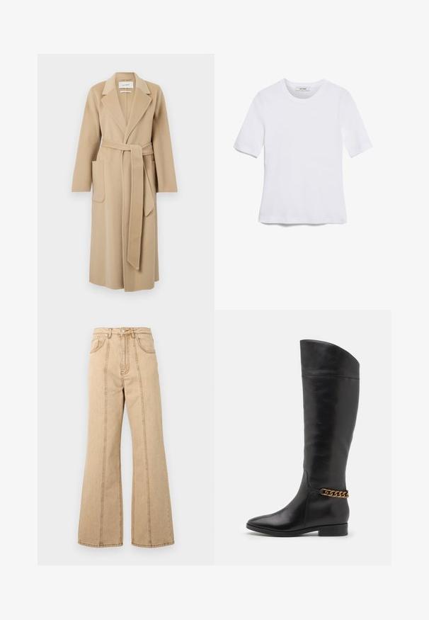 Pikk beez valgest villast mantel, laiad kraed, kaks eesmist taskut ja sobiv vöö, mis on vöö ümber kinnitatud.; Valge lühikeste varrukatega T-särk ribatud kangast. Ümara kaelusega, tavalisest sobivusest ja peente õmbluse detailidega. Ilma mustrite või graafikateta.; Beezid laiad püksid, millel on kõrge vöökoht, viis taskut ja kontrastõmblused lisadetailideks. Puuvillane kangas, millel on sile tekstuur.; Kõrged mustad nahast saapad, millel on stiilne disain, terav nina ja kuldne kett aktsent pahkluul. Madal plokk-konts. Sile tekstuur.