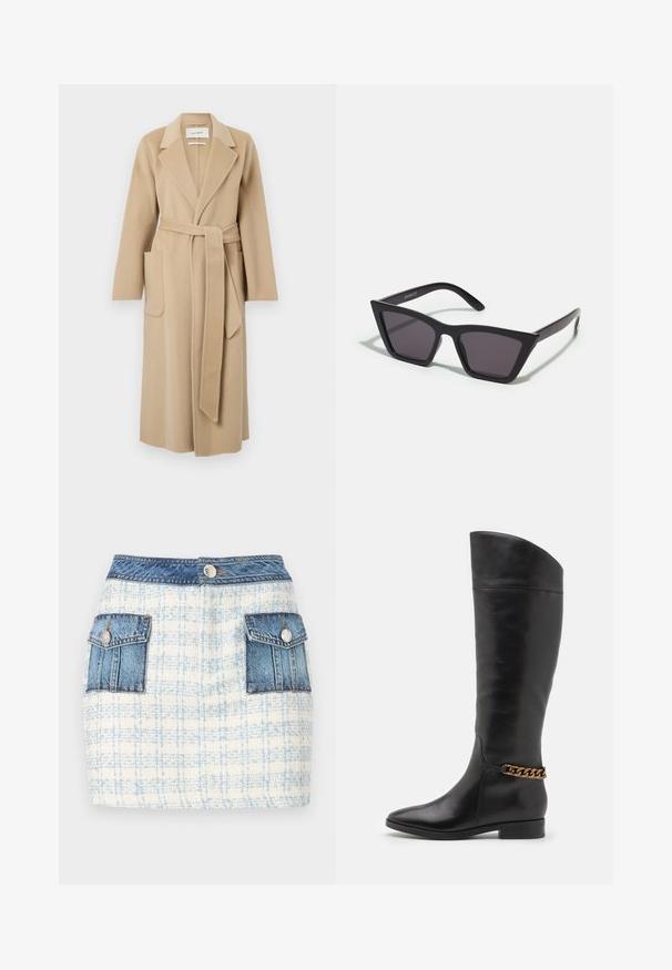 Langer beige Wollmantel mit breiten Revers, zwei Vordertaschen und einem passenden Gürtel, der in der Taille gebunden ist.; Weißes ärmelloses Tanktop aus geripptem Stoff, mit rundem Ausschnitt und figurbetonter Silhouette, minimalen Nähten und ohne Verzierungen.; Denim-Minirock mit einem hellblauen und weißen Karomuster, ausgestattet mit zwei vorderen Taschen mit Denim-Akzenten und einem Knopfverschluss an der Taille.; Hohe schwarze Lederstiefel mit elegantem Design, spitzer Zehe und einem goldenen Kettenakzent am Knöchel. Tiefer Blockabsatz. Glatte Textur.; Schwarze, eckige Sonnenbrille mit grauen Gläsern; aus Kunststoff gefertigt, mit dicken Bügeln, die eine glatte Oberfläche und keine sichtbaren Beschläge haben.