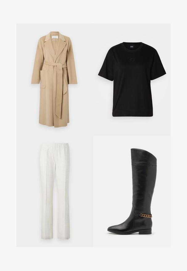 Cappotto lungo in lana beige con ampi revers, due tasche frontali e una cintura coordinata legata in vita.; Maglietta in cotone nera con scollatura tonda, maniche corte e logo ricamato sul petto. Design semplice e vestibilità rilassata senza motivi.; Pantaloni chiari a gamba dritta con una texture liscia, caratterizzati da pieghe frontali e un design della vita pulito.; Alti stivali in pelle nera dal design elegante, punta affusolata e dettagli in catena dorata alla caviglia. Tacco a blocco basso. Texture liscia.