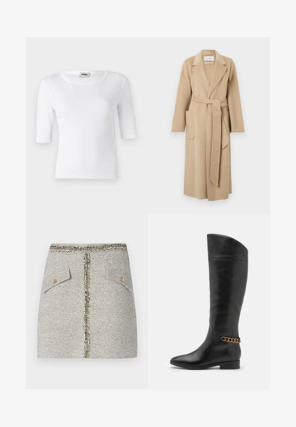 Dolgi bež volnen plašč s širokimi reverji, dvema sprednjima žepoma in ujemajočim pasom, zavezanem v pasu.; Bela rebrasta majica s krojem okruglog izreza i rukavima do laktova. Izrađena od mekog materijala s glatkom teksturom. Oznaka vidljiva na izrezu.; Tkaninska krila iz tvida v beli in črni ribji kost, ima dva sprednja žepa in zlatoviten zadrgo na hrbtu z raztrganimi robovi.; Visoke črne usnjene škornje z eleganten dizajnom, s koničastim nosom in zlatim verižnim poudarjanjem okoli gležnja. Nizek blok peti. Gladka tekstura.