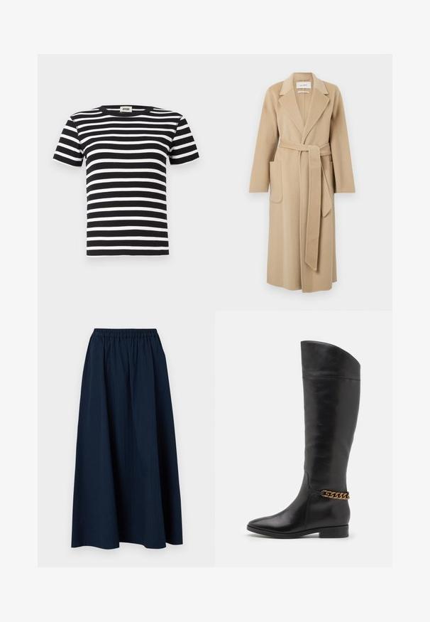 Lang beige uldfrakke med brede klapper, to forlommer og et matchende bælte der er bundet om taljen.; Sort-hvidstribet kortærmet t-shirt, ribbet tekstur, klassisk rund hals design, har vandrette striber i varierende bredder.; Mørkeblå, lang nederdel lavet af tekstureret stof med elastisk talje og subtile lodrette striber.; Høje sorte læderstøvler med et slankt design, spids tå og en guld kædeaccent ved anklen. Lav blokhæl. Glat overflade.