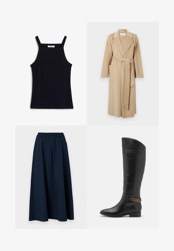 Dlhý béžový vlnený kabát so širokými chlopňami, dvoma prednými vreckami a zodpovedajúcim opaskom viazaným v páse.; Čierny rebrovaný top bez rukávov s úzkymi ramienkami, s výstrihom do lode a priamym lemom. Na označení je napísané "IVY OAK."; Námornícky modrá, dlhá sukňa vyrobená z textúrovanej tkaniny s elastickým pásom a jemnými vertikálnymi pruhmi.; Vysoké čierne kožené čižmy so štíhlym dizajnom, špicatou špičkou a zlatým reťazovým akcentom na členku. Nízky blokový podpätok. Hladká textúra.