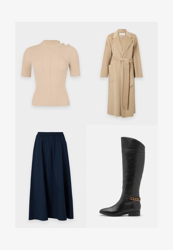 Abrigo largo de lana beige con solapas anchas, dos bolsillos frontales y un cinturón a juego atado a la cintura.; Top de punto acanalado beige con un alto cuello, mangas cortas y tres botones decorativos en el hombro. Diseño ligero y ajustado.; Falda larga de color azul marino, hecha de un tejido texturizado con una cinturilla elástica y sutiles rayas verticales.; Botas altas de cuero negro con un diseño elegante, punta afilada y un acento de cadena dorada en el tobillo. Tacón bajo tipo bloque. Textura suave.