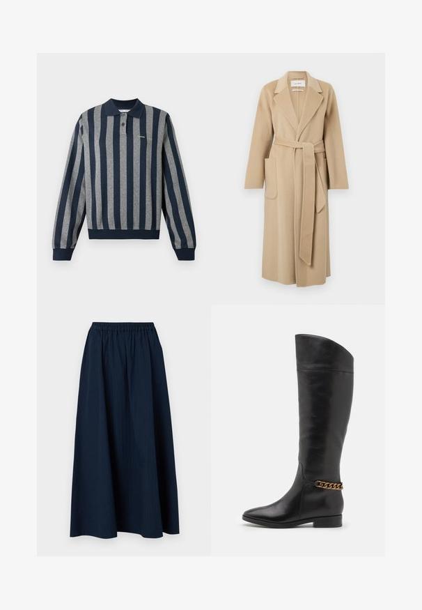 Pikk beez valgest villast mantel, laiad kraed, kaks eesmist taskut ja sobiv vöö, mis on vöö ümber kinnitatud.; Pikad varrukad polo-särk, millel on tumesinised ja hallid vertikaalsed triibud, krae, nööbiliist ja soonikkoes serv ning mansetid.; Tumedat sinine, põrandapikkune seelik, mis on valmistatud tekstuurilisest kangast, millel on elastne vöökoht ja kerged püstised triibud.; Kõrged mustad nahast saapad, millel on stiilne disain, terav nina ja kuldne kett aktsent pahkluul. Madal plokk-konts. Sile tekstuur.