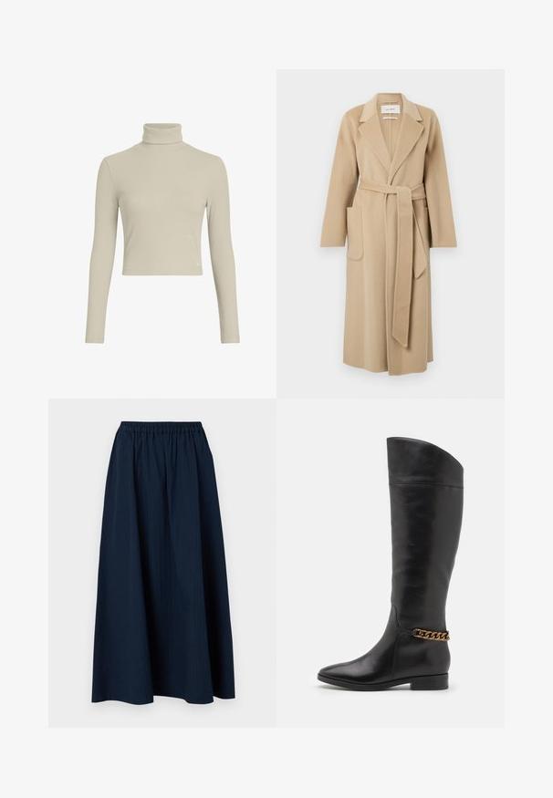 Dlouhý béžový vlněný kabát s širokými klopami, dvěma předními kapsami a odpovídajícím páskem uvázaným v pase.; Světle béžový žebrovaný rolák s dlouhým rukávem a přiléhavým střihem a vysokým výstřihem. Obsahuje nenápadnou značkovou visačku na lemu. Hladká textura.; Námořnická modrá, dlouhá sukně vyrobená z texturované látky s elastickým pasem a jemnými vertikálními pruhy.; Vysoké černé kožené boty s elegantním designem, špičatou špičkou a zlatým řetízkem na kotníku. Nízký blokový podpatek. Hladká textura.